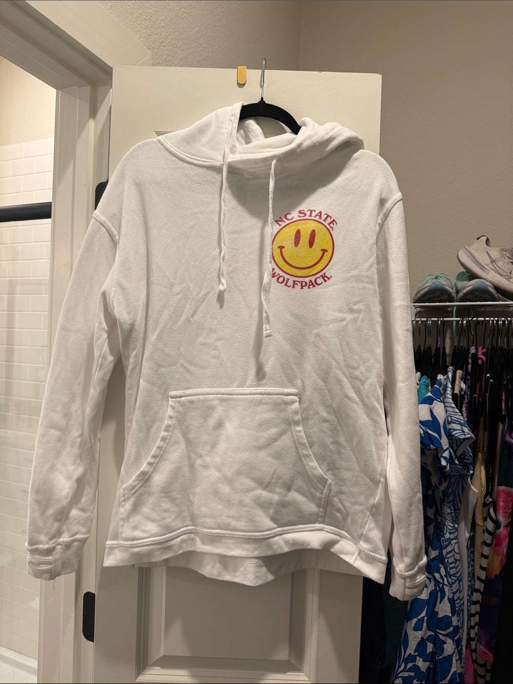 Pressbox White Hoodie with Yellow & Red Smiley NC State Wolfpack